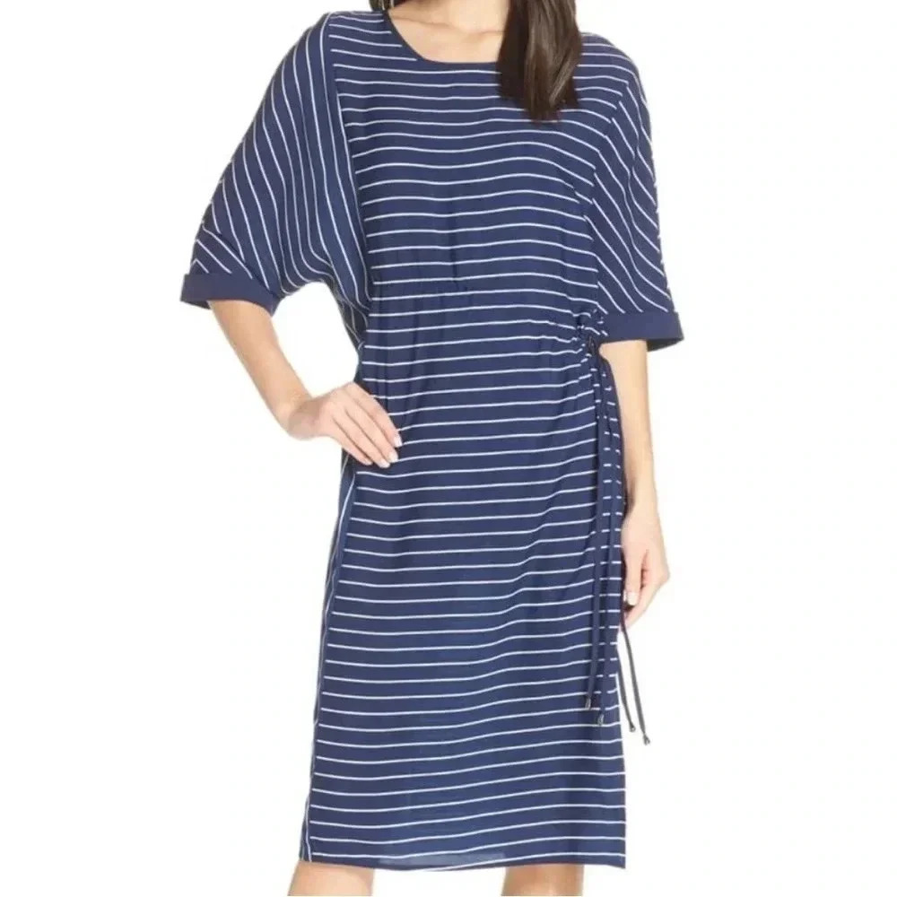 Casual Chic CAARA Navy White Stripe Midi Dress pockets XS